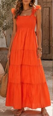 Quince Women’s XS Orange Smocked Tiered Maxi Dress Ruffle Strap Boho Fall Party